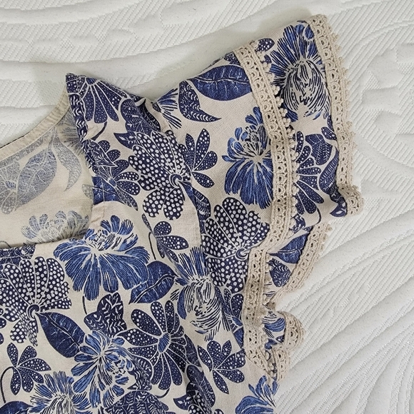 Luisa Perla Made In Italy Crochet Trim Flutter Sleeve Blue Tan Linen Dress Small - Picture 8 of 11